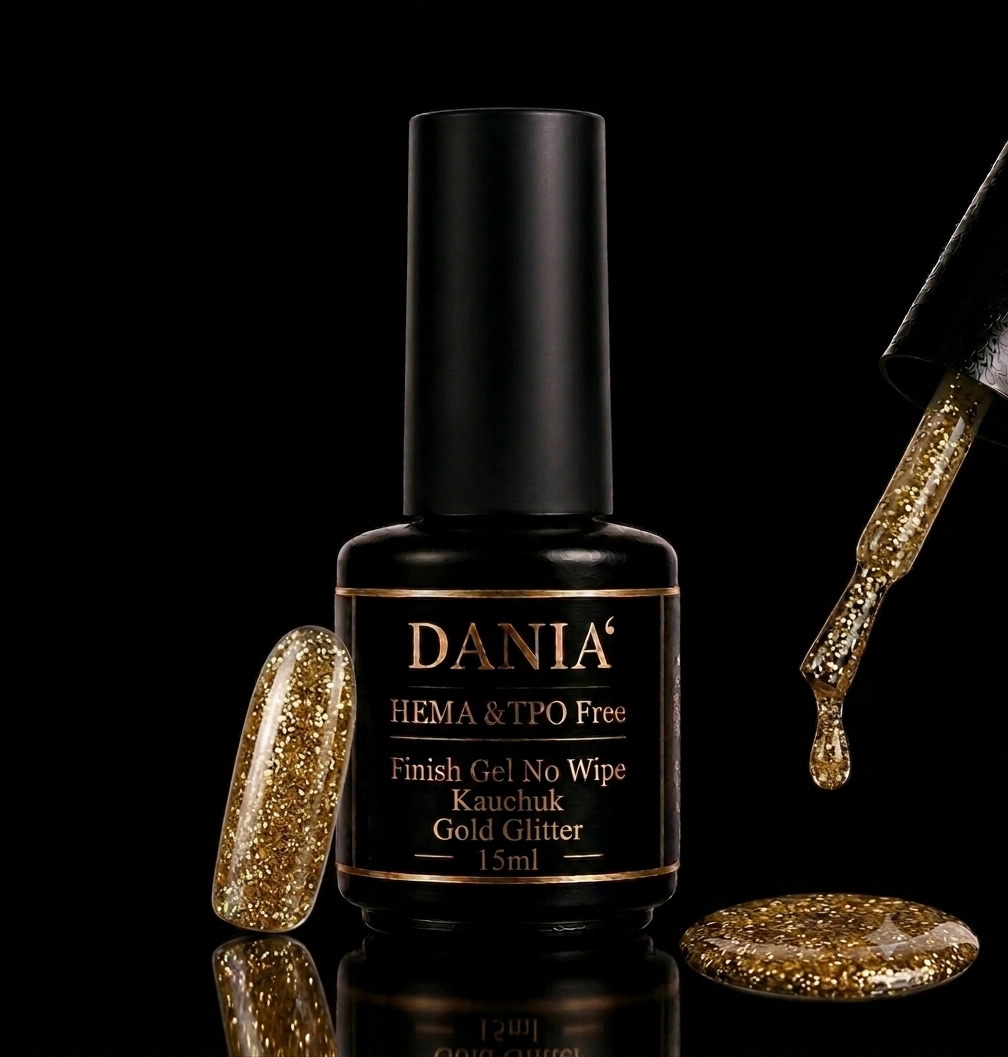 DANIÀ Finish Gel No Wipe Kautschuk – Gold Glitter 15 ml